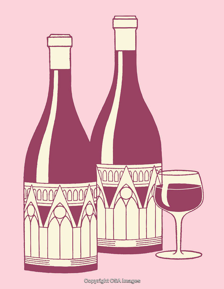 Stylized Wine Bottles and Glass on a Pink Background