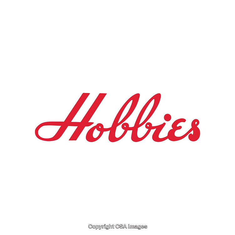 Red Cursive Hobbies Word Art on a White Background