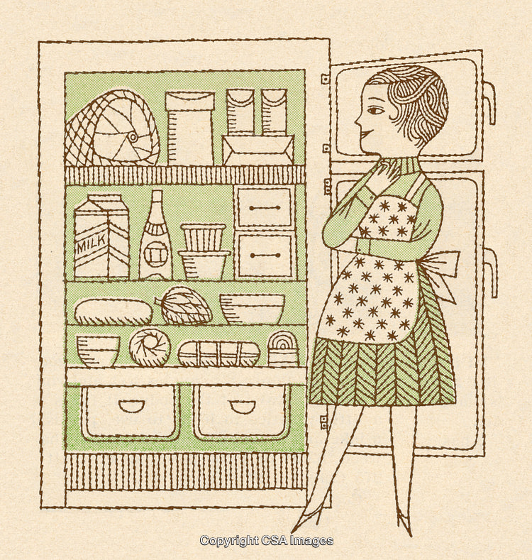Vintage Illustration of Homemaker Viewing Well-Stocked Refrigerator