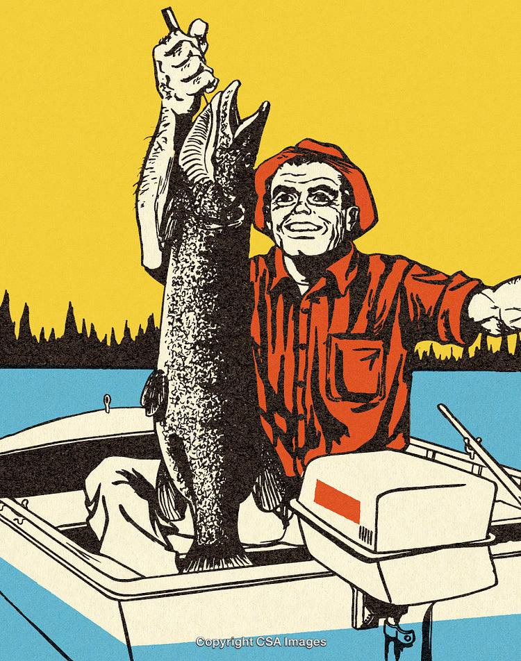 Man Holding Large Fish on Boat in Nature Illustration