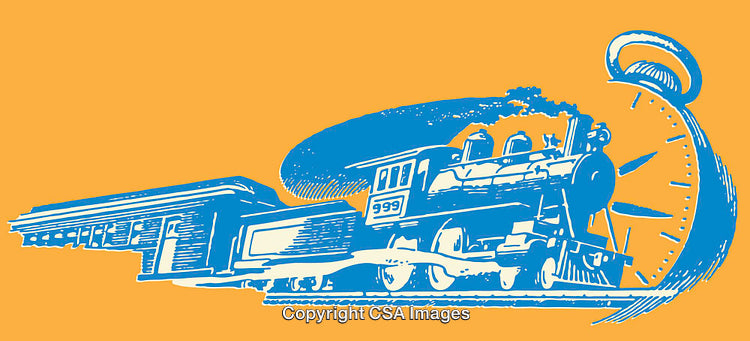 Vintage Steam Train Illustration with Clock and Station Elements in Blue and Orange