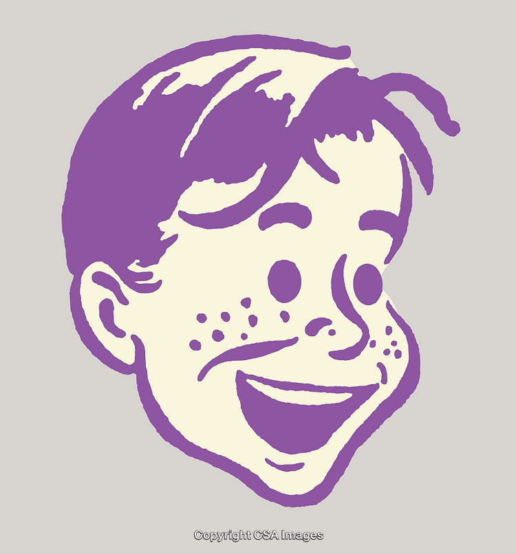 Smiling Cartoon Boy in Purple Line Art Style with Freckles and Cheerful Expression