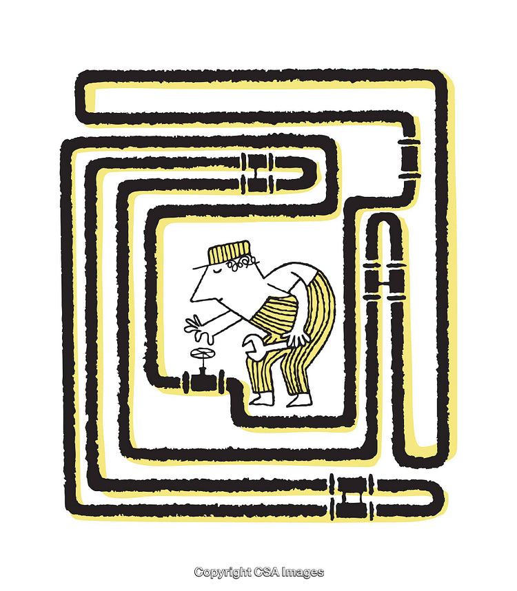 Illustration of Worker Fixing Pipes in a Maze-Like System