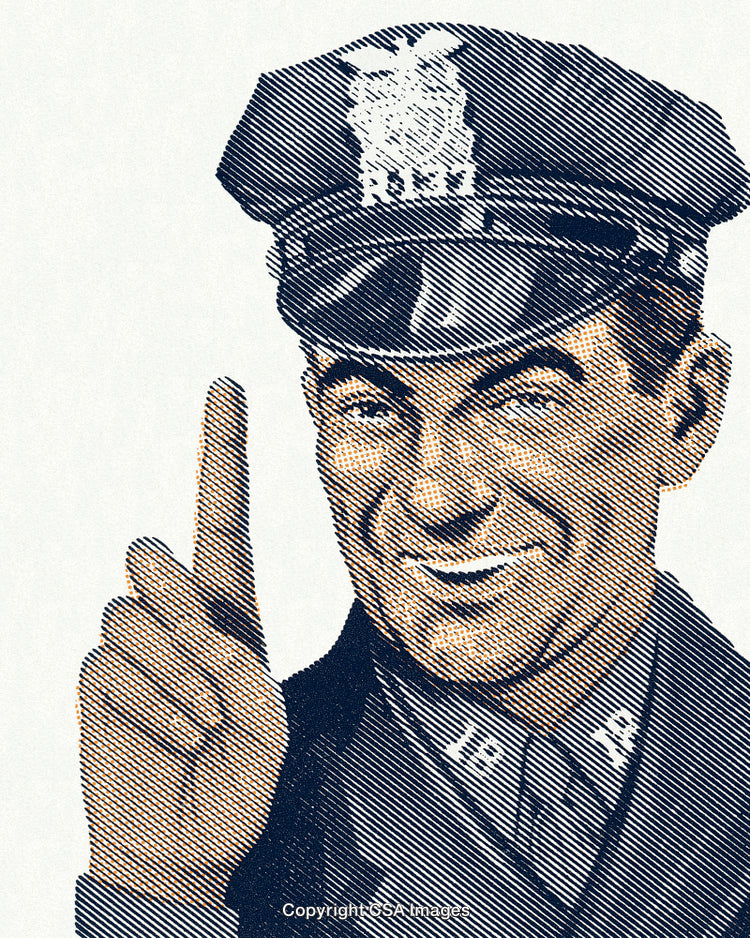 Smiling Police Officer Giving Instruction With Finger Raised in Vintage Style