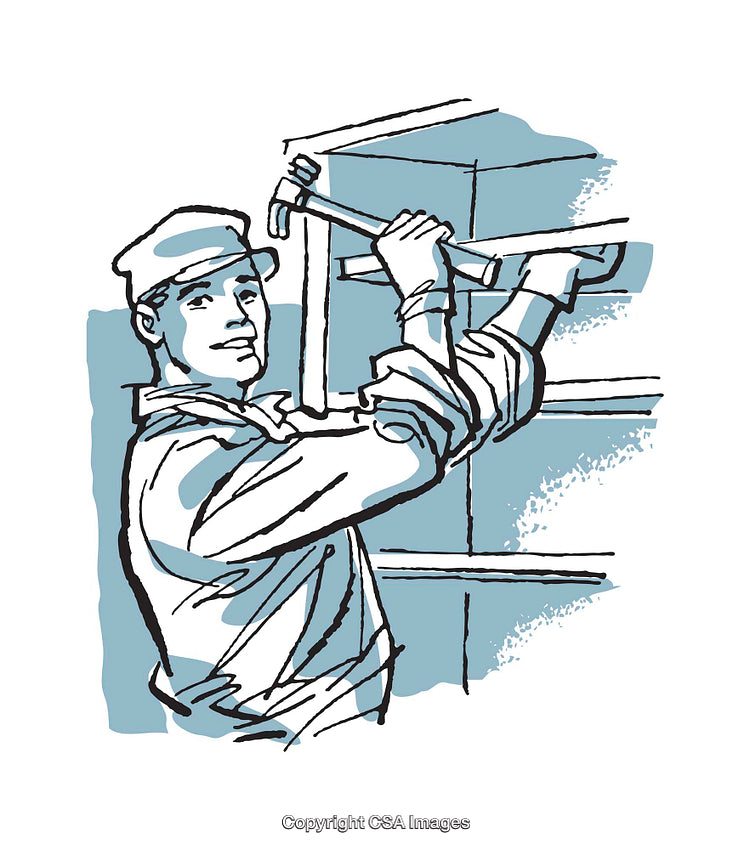 Handyman Using Hammer to Secure Frame in Home Renovation Illustrated
