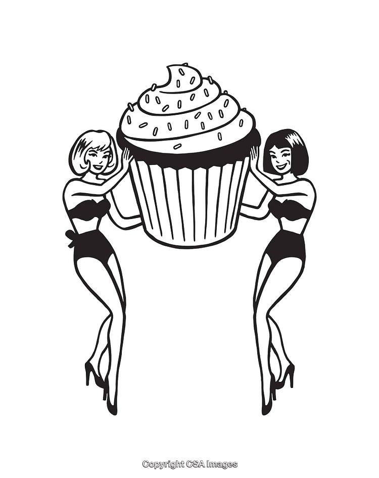 Retro Black And White Illustration of Two Women Holding a Gigantic Cupcake