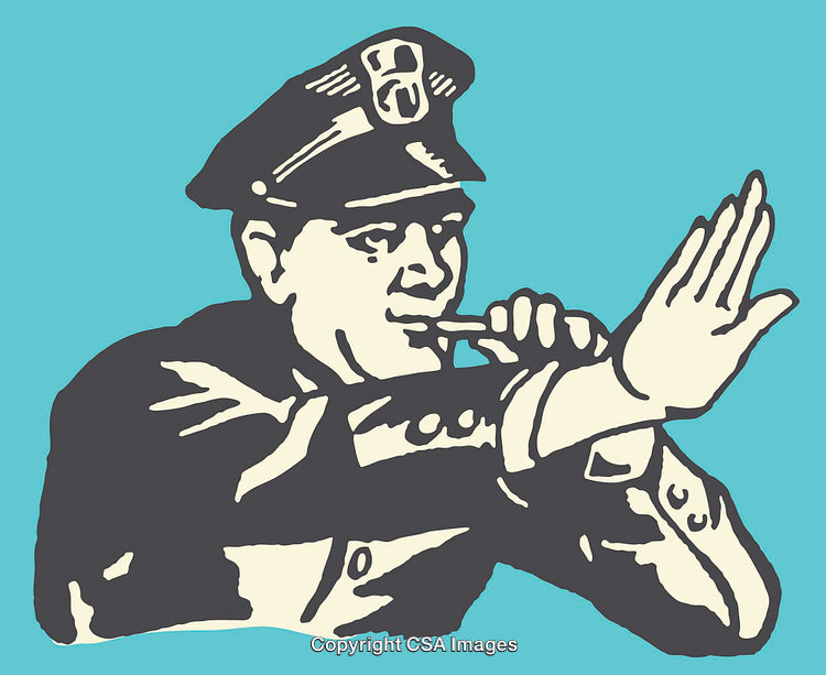 Retro Style Illustration of Policeman Directing Traffic on Blue Background