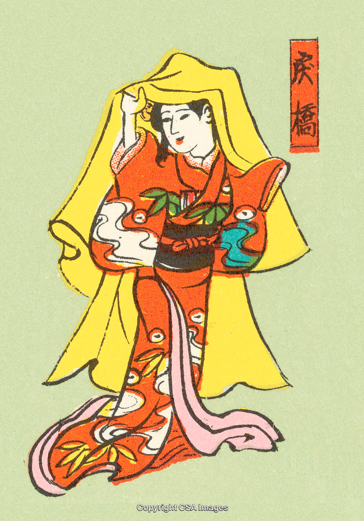 Traditional Japanese Artwork Featuring Kimono-Clad Figure in a Yellow and Red Ensemble