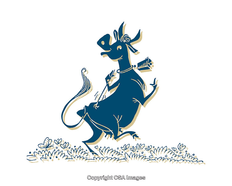 Whimsical Illustration of a Playful Cow in a Joyful Pose in Nature