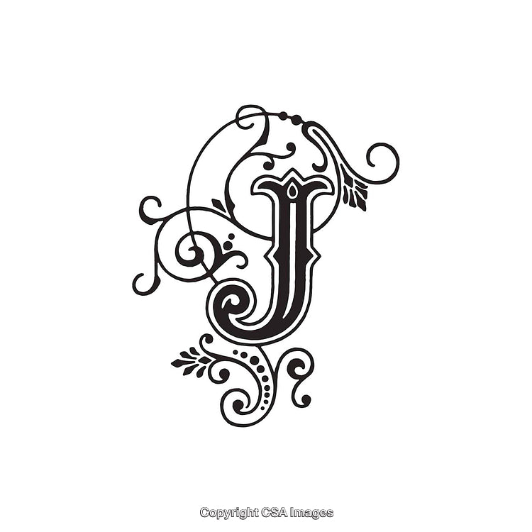 Intricate Black Ornamental Design Featuring the Letter J with Curved Flourishes