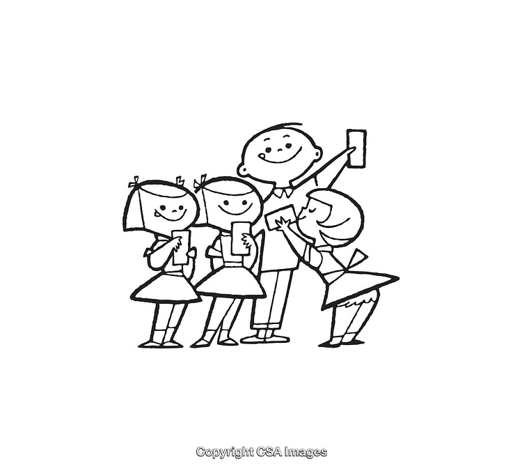 Group of Smiling Children Holding Devices in Fun Cartoon Illustration
