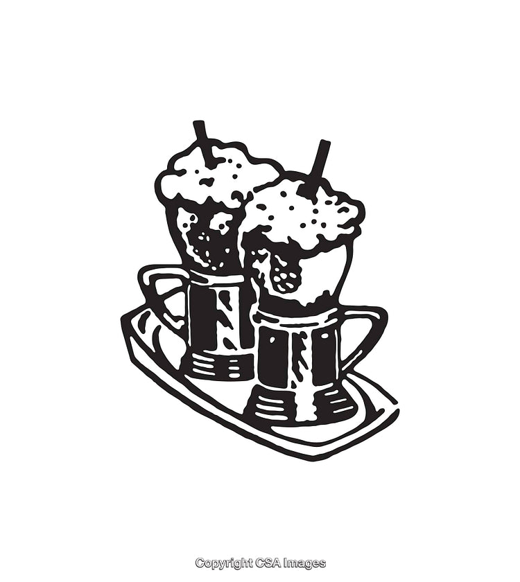 Two Illustrated Milkshakes on a Serving Plate in Black and White Art