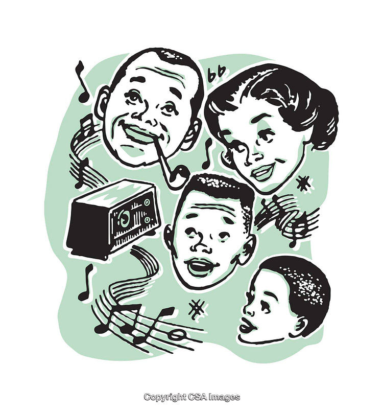 Retro Illustrated Family Singing Scenes in Vibrant Artistic Style