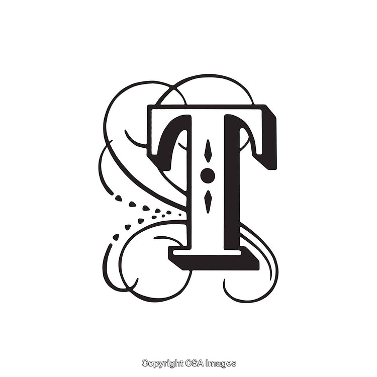 Elegant Ornate Letter T with Intricate Swirl Design in Black
