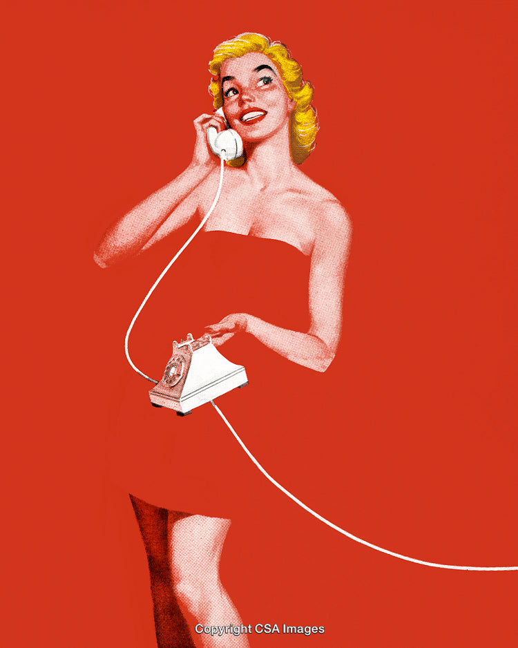 Vintage Illustration of Woman on Retro Telephone in Red Background