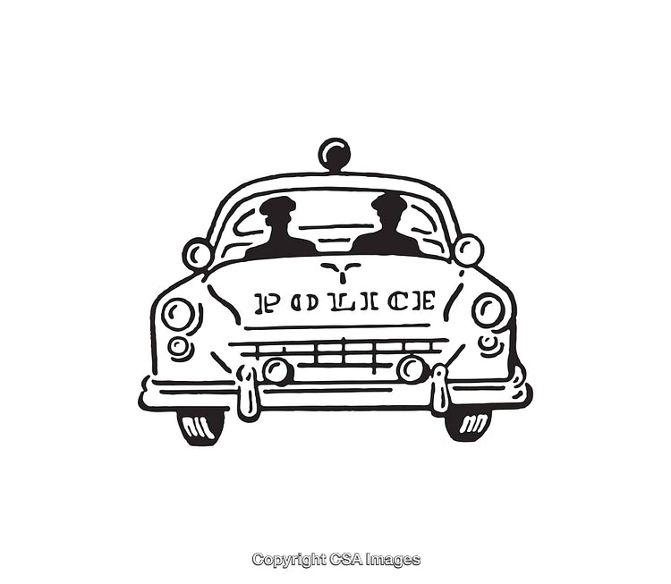 Illustrated Classic Police Car with Silhouettes in Black and White Artwork