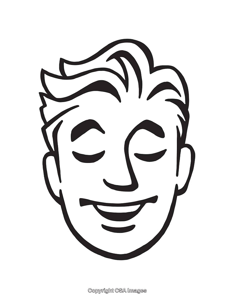 Black and White Line Art Illustration of a Smiling Face with Closed Eyes