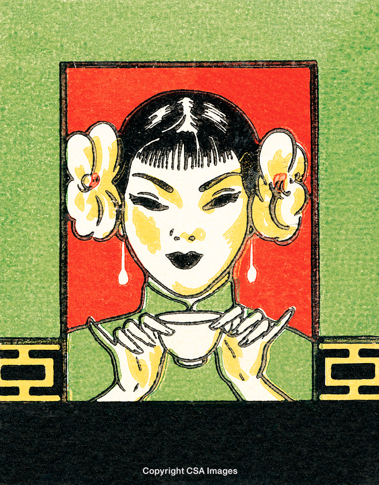 Elegant Portrait of a Woman with Tea on a Decorative Background