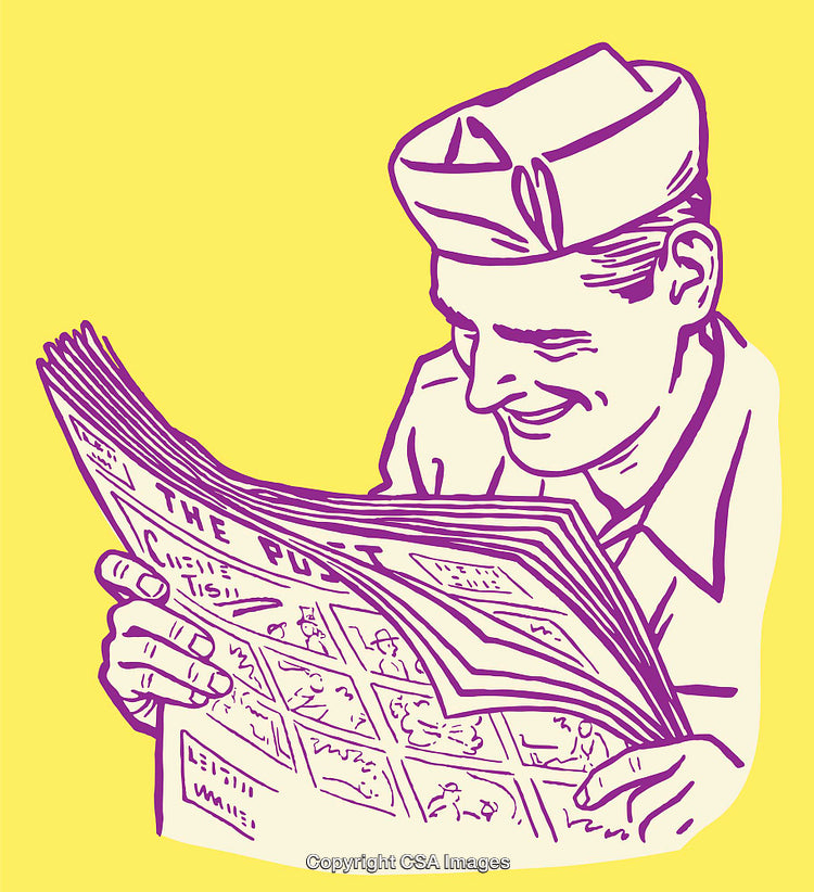 Retro Styled Illustration of Man Reading a Newspaper in Colorful Line Art
