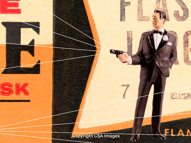 Miniature Tuxedoed Figure Holding Pistol in Vintage Poster Background
