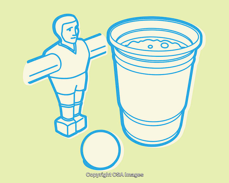 Color Line Art Illustration of Foosball Player, Ball, and Drink