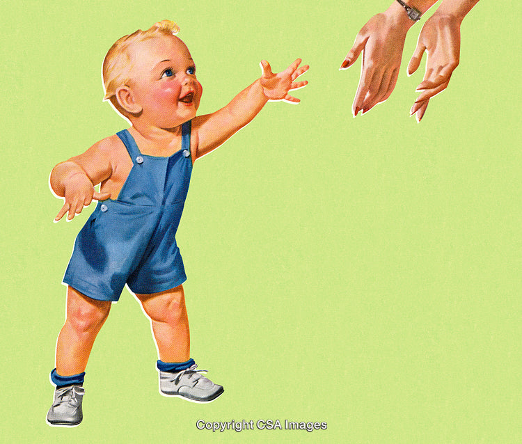 Smiling Toddler Reaching Out to Hands on Green Background