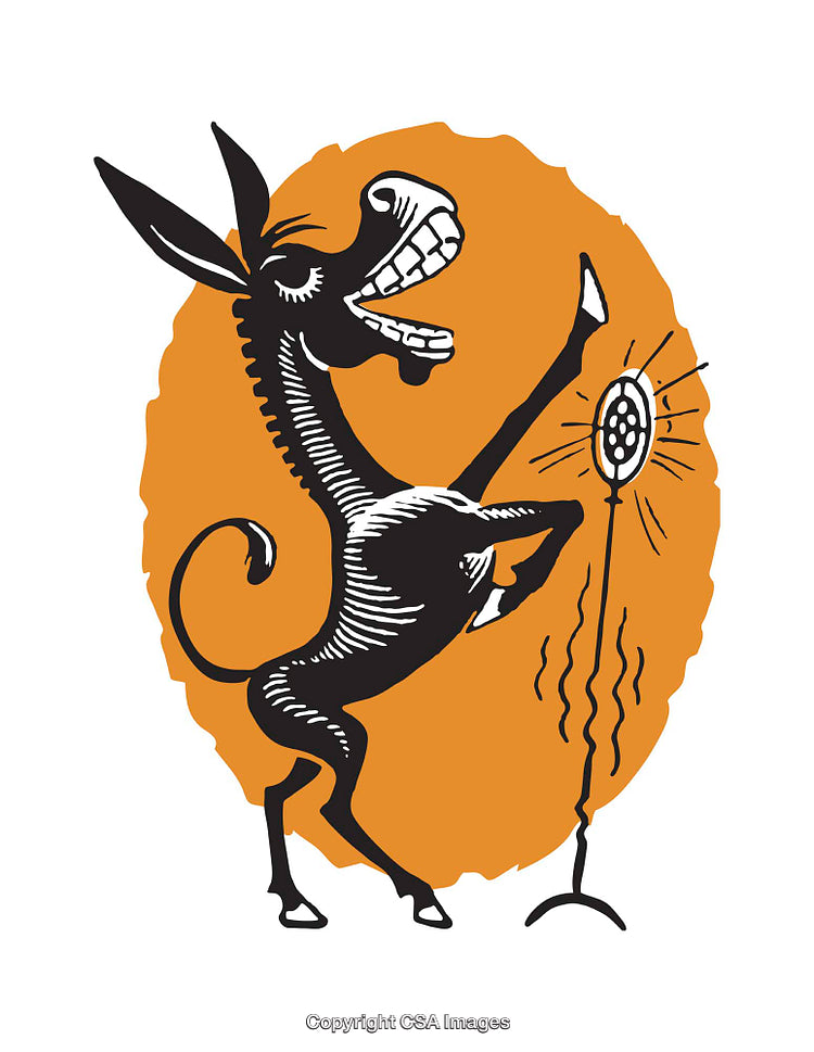 Cheerful Donkey Singing Energetically Into a Microphone Against Vibrant Backdrop