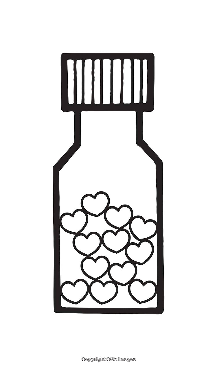 Line Art Illustration of a Bottle with Heart Shapes Inside