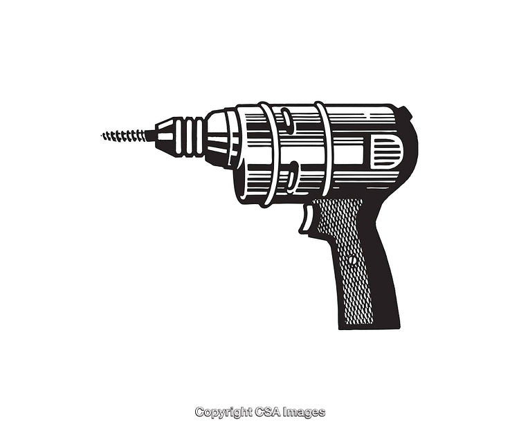 Vintage Black and White Illustration of a Power Drill