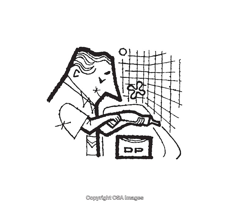 Black and White Line Art Illustration of a Man Operating a Sink