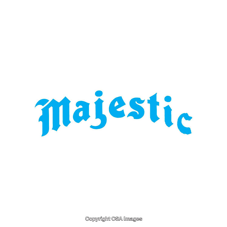Blue Gothic Typeface Spelling Majestic on White Background