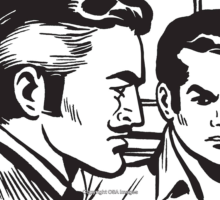 Retro Black and White Illustration Featuring Two Men in Discussion