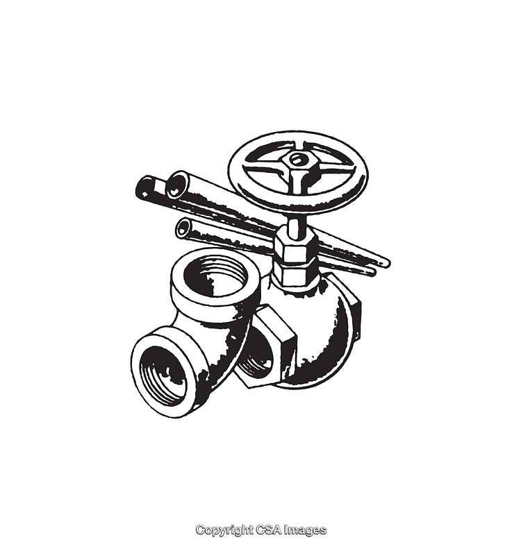 Black and White Line Art Illustration of a Plumbing Valve and Tools