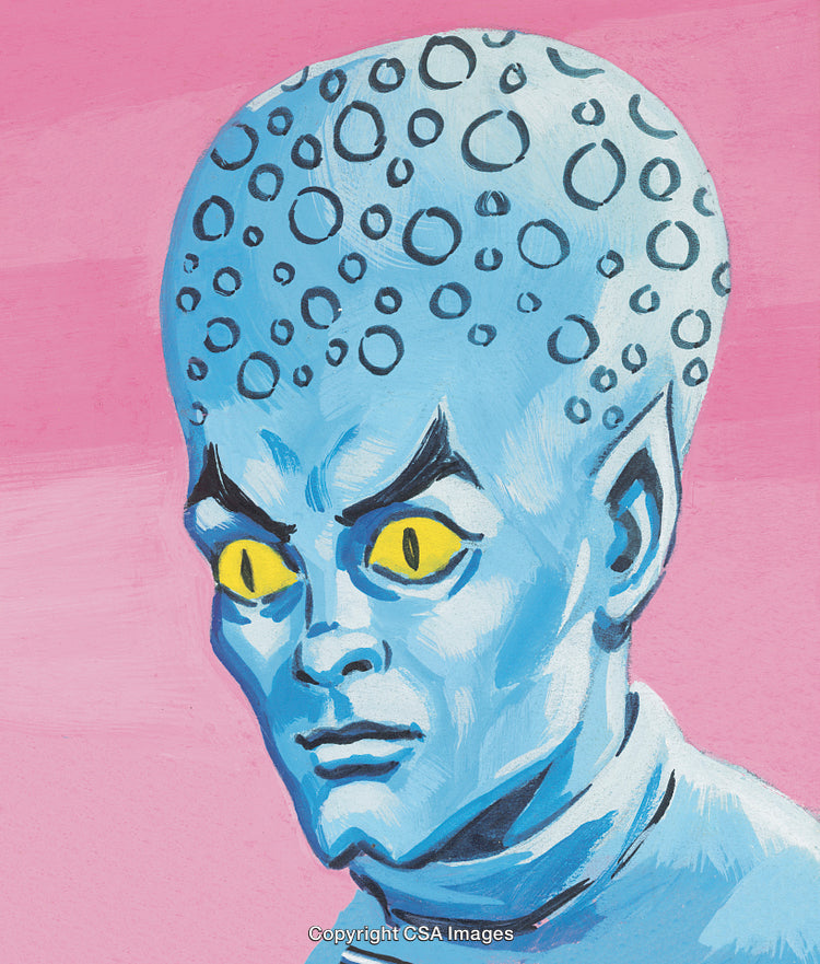 Illustration of a Blue Alien with Unique Yellow Eyes on Pink Background