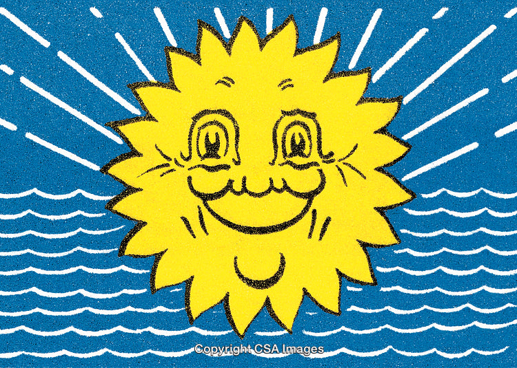 Smiling Sun Illustration Over Waves with Radiating Rays in Cartoon Style