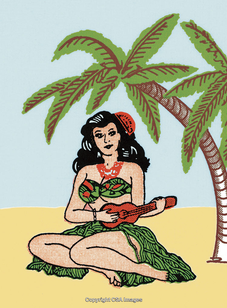 Woman in a Grass Skirt Sitting Under a Palm Tree