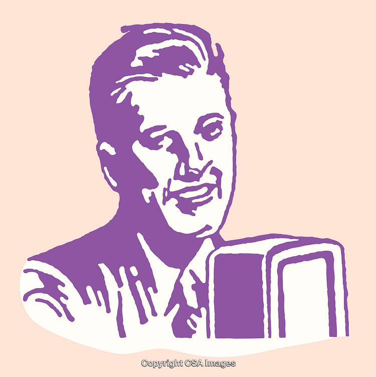 Retro Line Art Illustration of a Smiling Gentleman with a Vintage Microphone