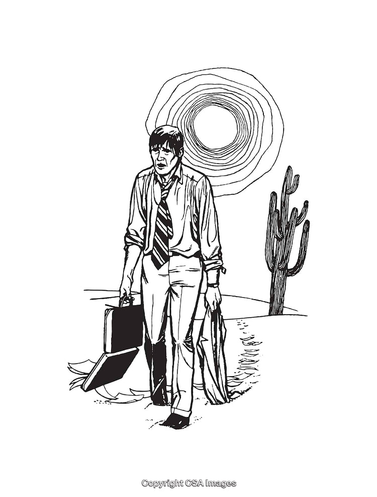 Black and White Illustration of a Businessman Walking in a Desert Scene