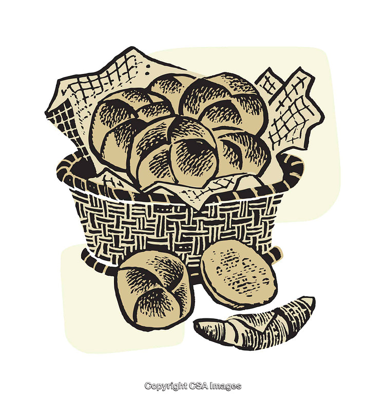 Rustic Basket with Bread Rolls and Croissants in Artistic Illustration Style