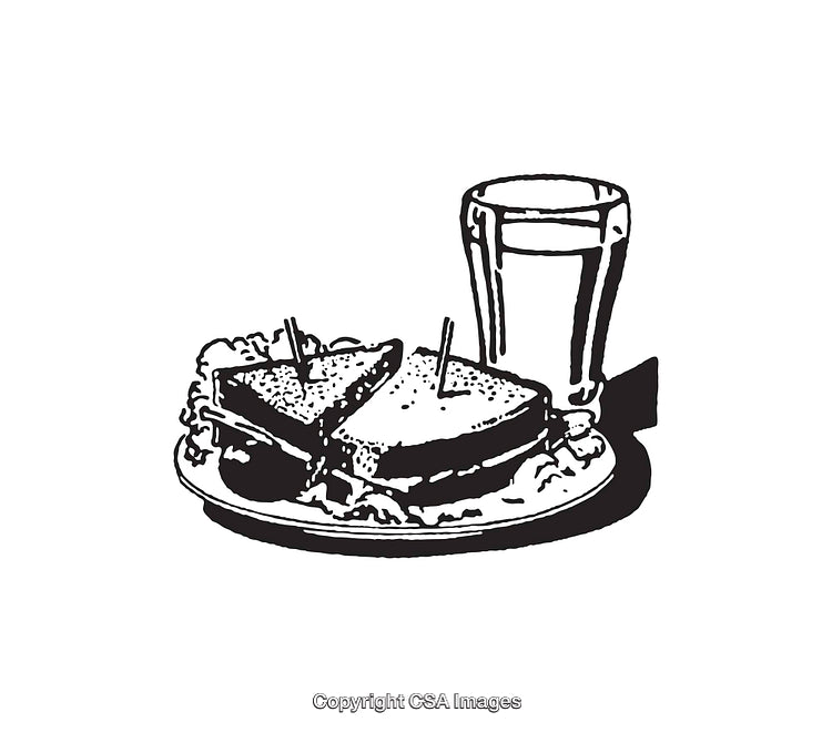 Black and White Line Art of Sandwich Lunch with Drink