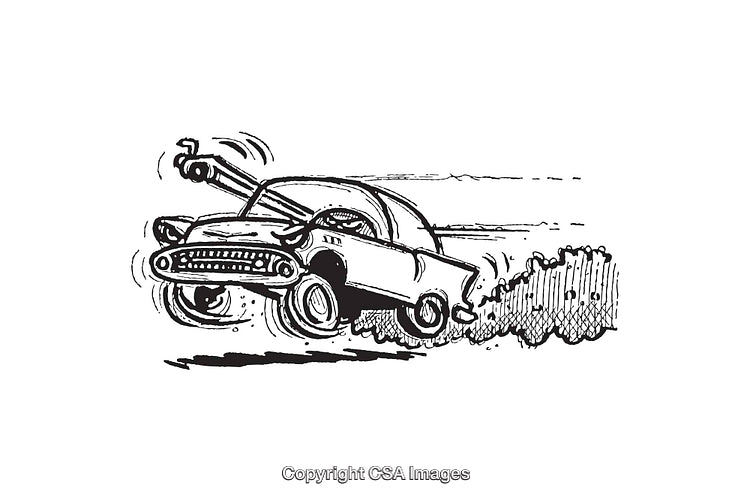 Humorous Black and White Illustration of a Car Skidding Out of Control