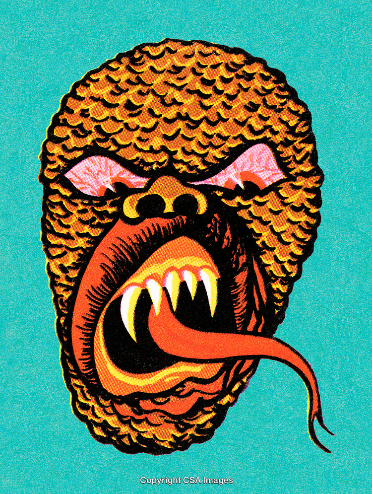 Retro Styled Fanged Monster Art With Vibrant Colors on Turquoise Background