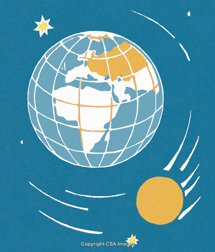 Colorful Globe Illustration Depicting Earth and Celestial Objects in Motion