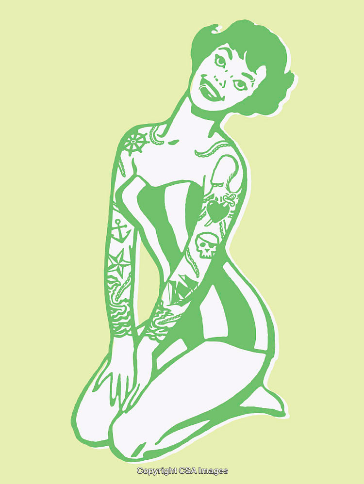 Vibrant Line Art of Retro Woman with Tattoos in Green and White