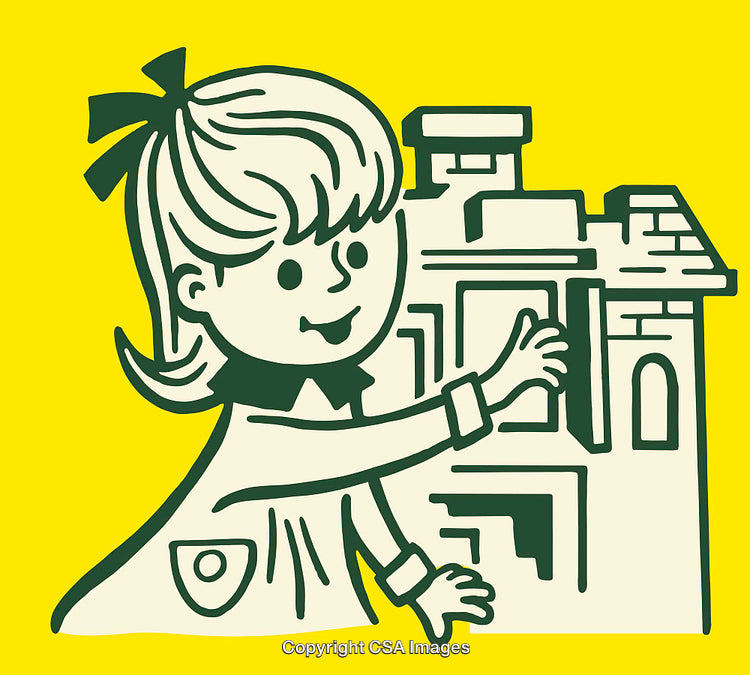 Vintage Illustration of a Happy Girl with a Toy House