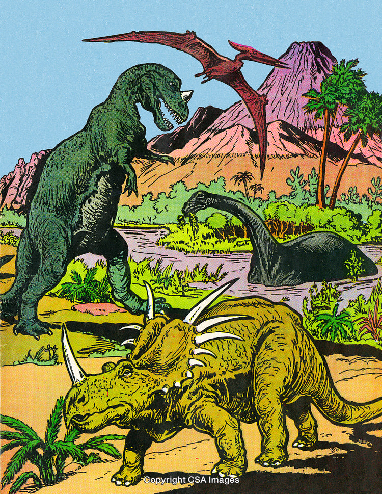 Prehistoric Dinosaurs in a Vibrant Art Style Featuring Lush Landscapes