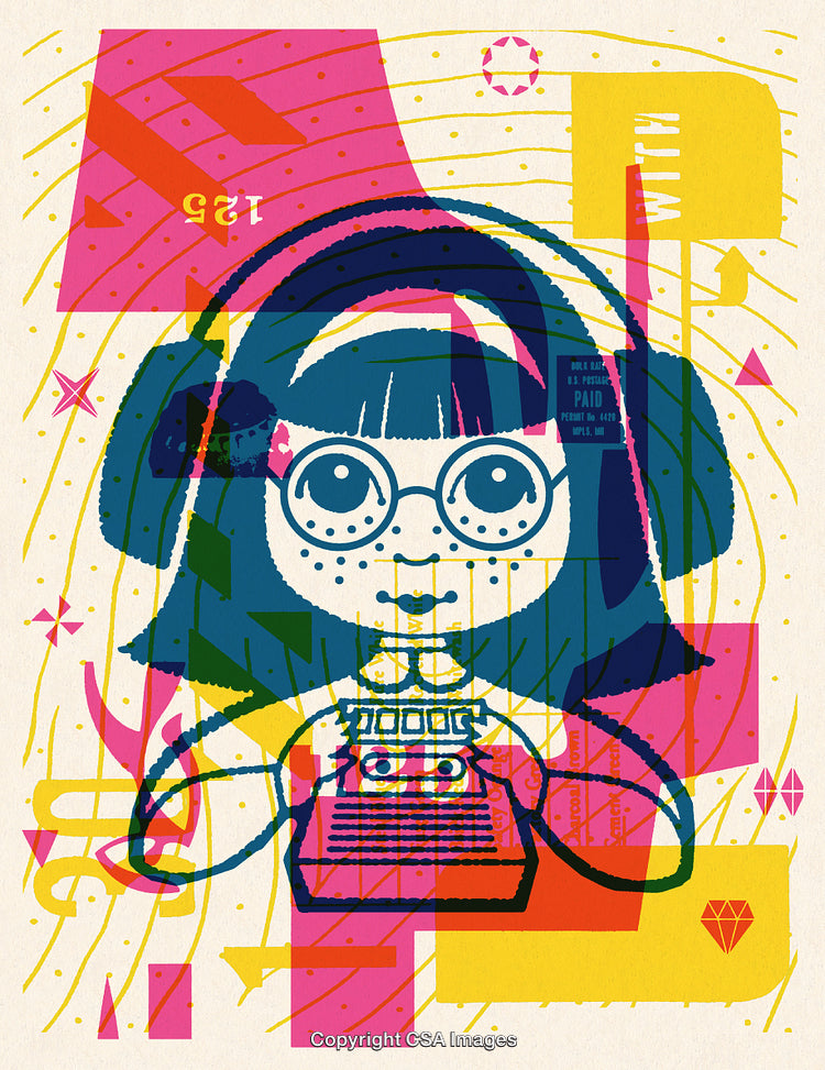 Colorful Illustration of a Girl with Glasses Holding a Typewriter