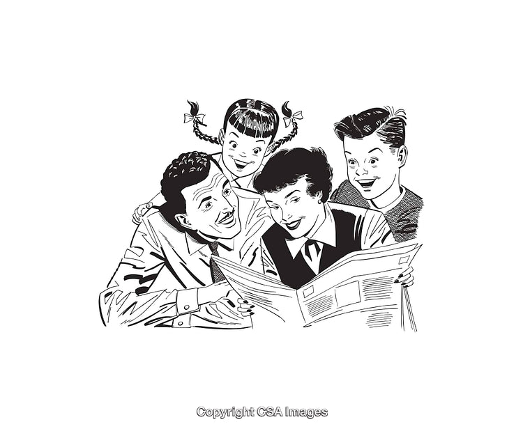 Retro Illustration of a Happy Family Reading Together in Black and White