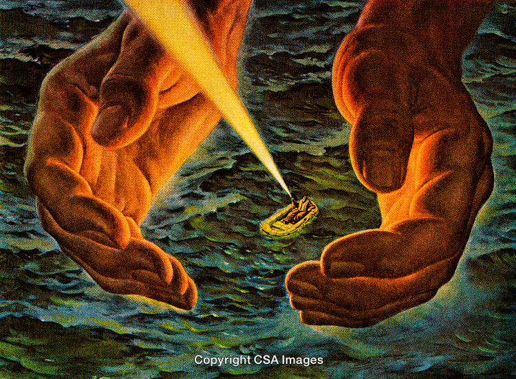 Hands Cupping a Boat Amid a Dark Ocean with Light Beaming