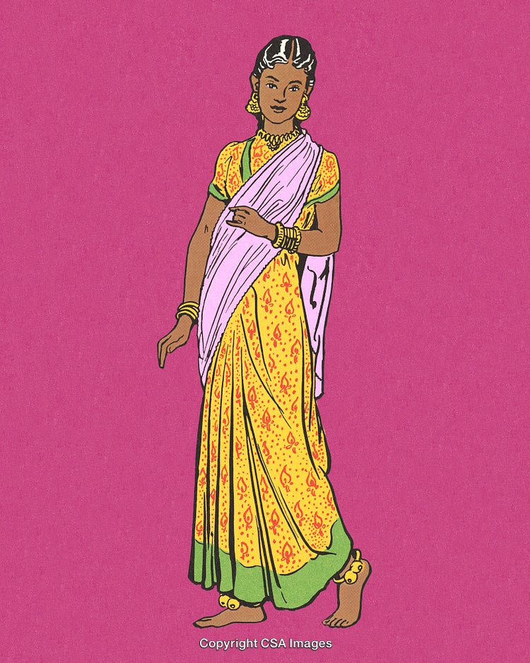 Traditional Indian Woman in Vibrant Ethnic Attire on a Solid Background
